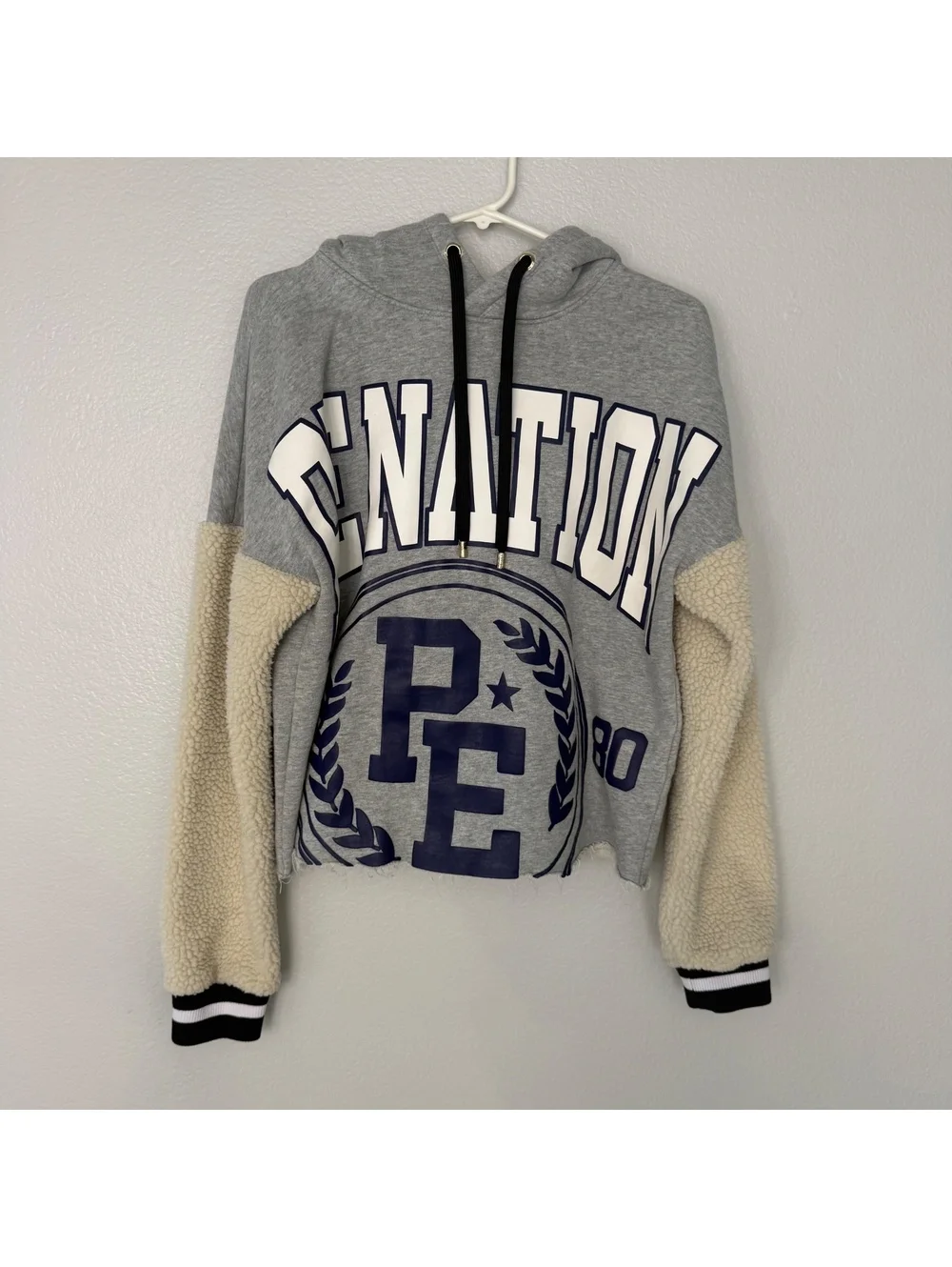 P.E Nation Grey Hoodie with Sherpa Sleeves and Drawstring Hood, Size S
